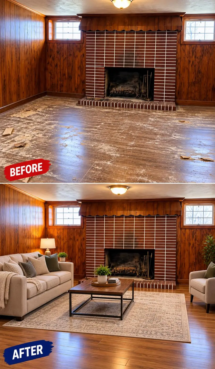 Basement family room with fireplace before and after cleaning