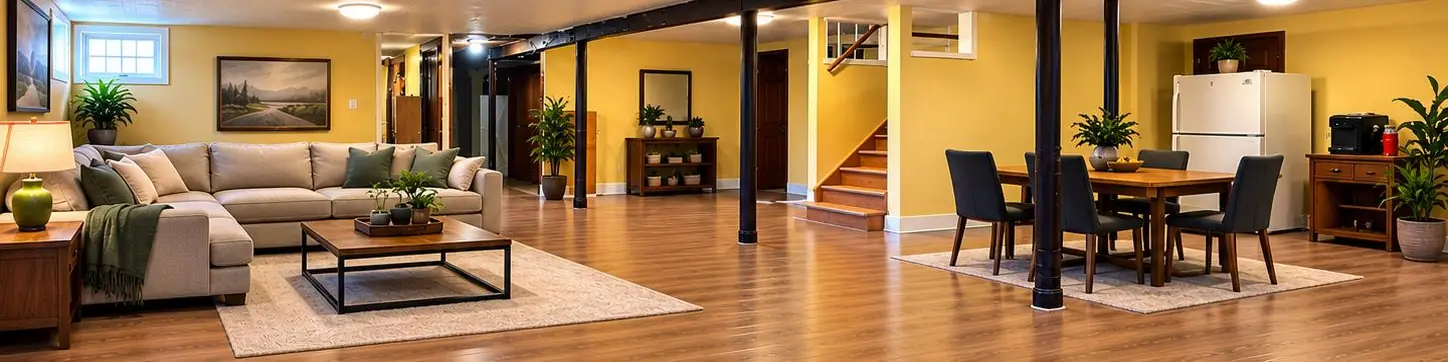 Same basement after cleaning and organization as a living space