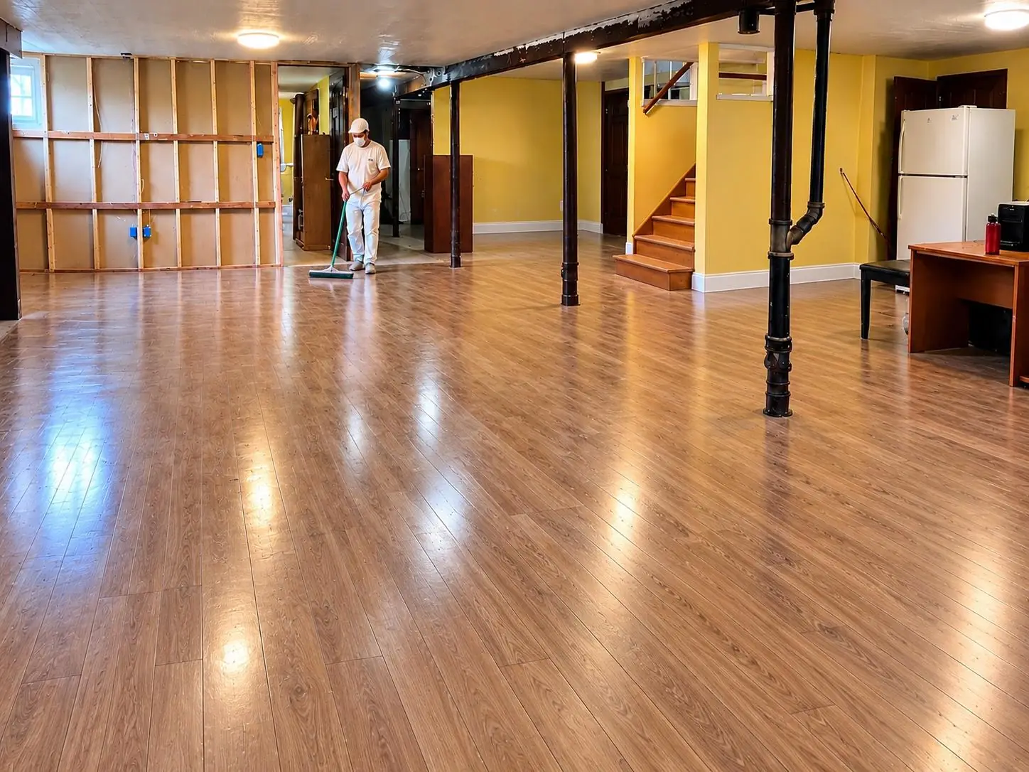 JM Cleaning crew member mopping the floor of a finished basement in Greater Boston